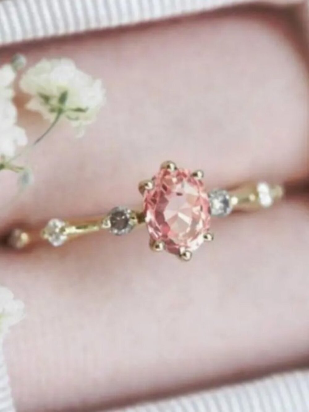 Light Pink Synthetic Zirconia 14K Gold Plated Copper Ring Dainty Women size 8